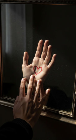 Heart painted on the hand of a young woman. Black background.の写真素材