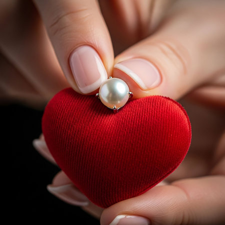 Female hands holding a heart shaped box with a pearl on a black backgroundの写真素材