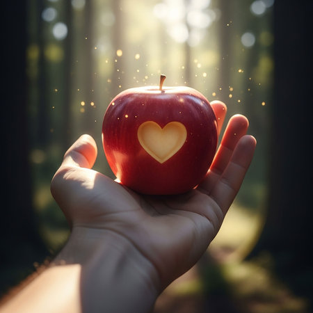 Human hand holding a red apple with a heart shape in the forestの写真素材