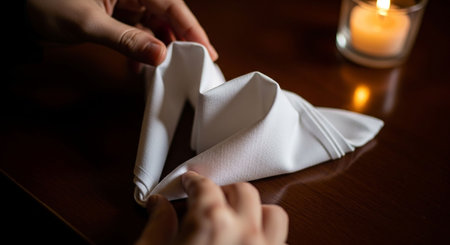 Wedding table decoration with a pair of white napkins.の写真素材