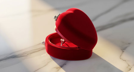 Wedding ring in a red boxle background with shadowの写真素材