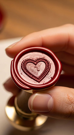 Heart wax seal in female hand, close-up, shallow DOFの写真素材