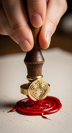 Close-up of a wax stamp with a heart-shaped wax sealの写真素材