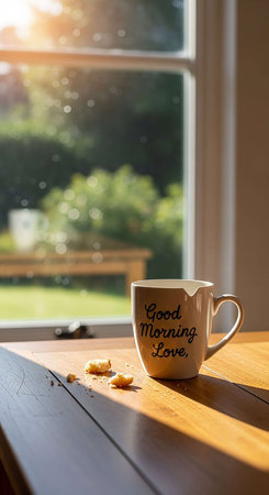 Coffee cup with cookie on wooden table in front of windowの写真素材