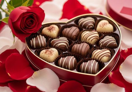 Heart-shaped box of chocolates with roses and petalsの写真素材