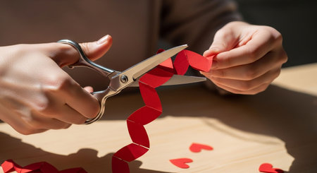 Close-up of woman cutting red heart with scissors on wooden tableの写真素材