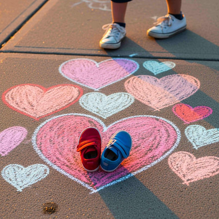 Sneakers and hearts drawn on the pavement. Children's shoes.の写真素材