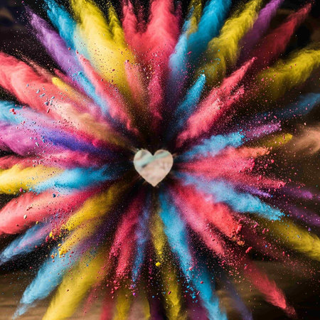 Colored powder explosion in shape of heart. Colorful background.の写真素材
