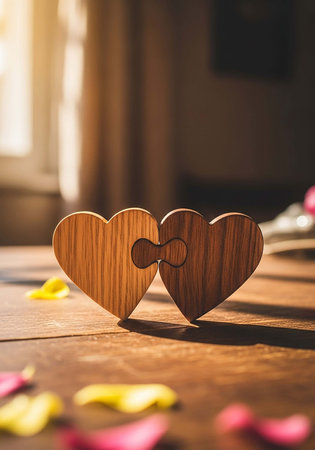 Two wooden hearts on a wooden background. Valentine's day concept.の写真素材