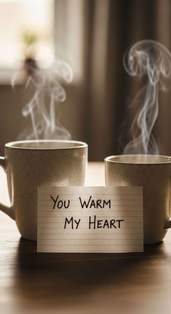 Coffee cups and card with textの写真素材