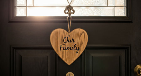 Wooden heart on the door with the german word for familyの写真素材