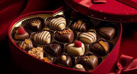 Box of assorted chocolates on red satin background, closeup