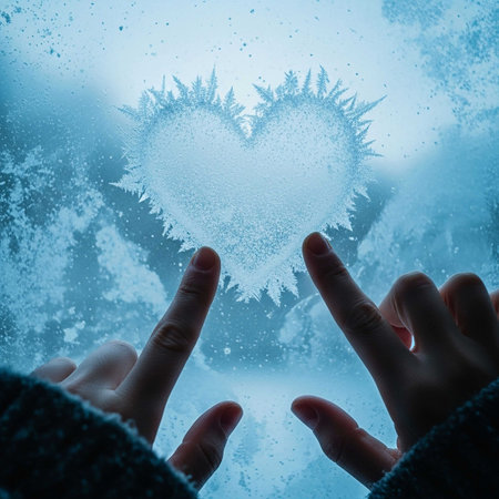 Close up of female hands holding heart shaped snowflakes on frozen windowの写真素材