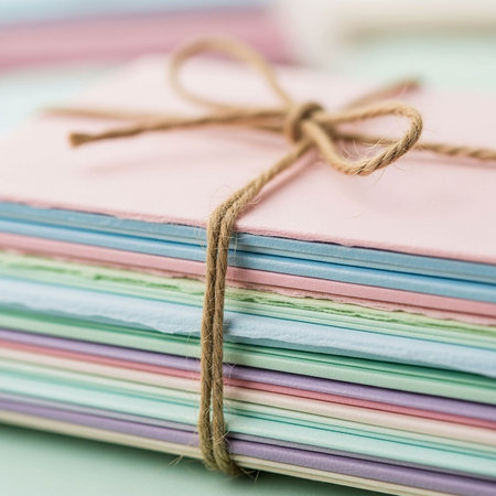 Stack of colorful paper books tied with twine on white background.の写真素材
