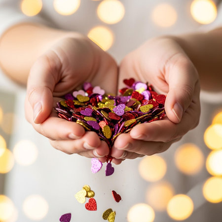 Female hands holding heart shaped confetti on bokeh background.の写真素材