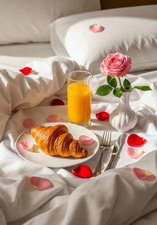 Breakfast in bed with coffee, croissant and orange juiceの写真素材