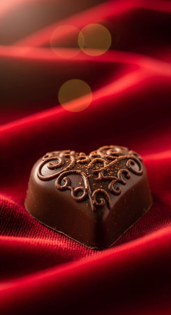 chocolates on red satin background with bokeh effectの写真素材