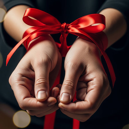 Close up of woman hands holding red gift ribbon with copy space.の写真素材