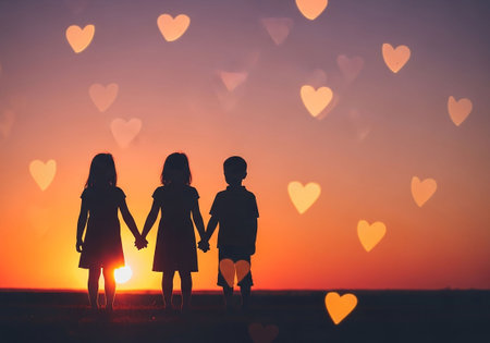 silhouette of little girls holding hands at sunset, love conceptの写真素材