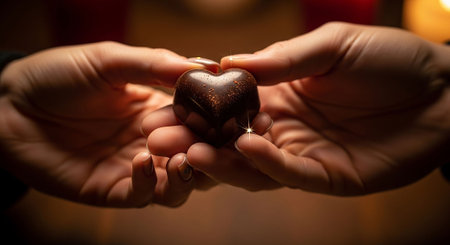 Close-up of woman's hands holding heart shaped chocolatesの写真素材