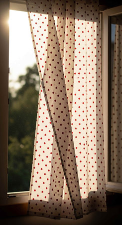 Curtain with red polka dot pattern on the window in the eveningの写真素材