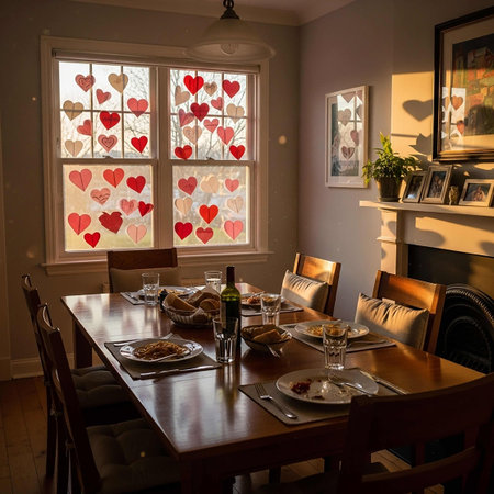 Valentine's Day romantic dinner with heart-shaped lightsの写真素材