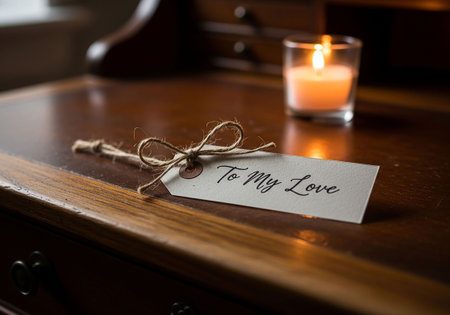 wedding card on a wooden table with a candle in the backgroundの写真素材