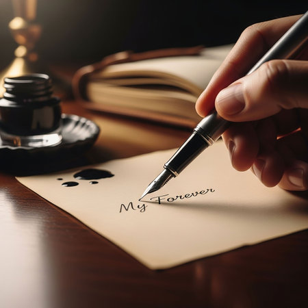 Closeup of a hand writing on a document with a fountain penの写真素材