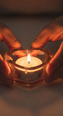 Candle in hands, close-up, shallow depth of fieldの写真素材