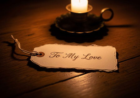 Romantic message on paper tag with candlelight on wooden table.の写真素材