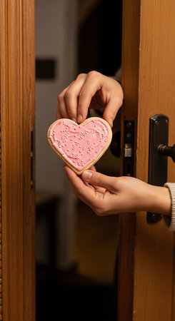 A woman opens the door with a heart-shaped gingerbread cookie.の写真素材