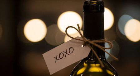 Wine bottle with a label on bokeh background, close upの写真素材