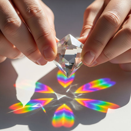 Woman's hands holding a diamond in front of a rainbow background.の写真素材