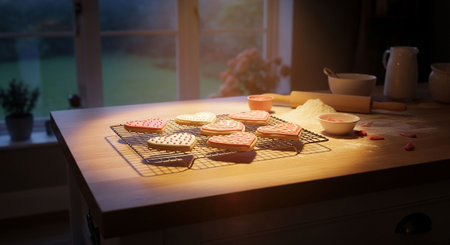 Cookies in the form of heart on the table in the kitchen