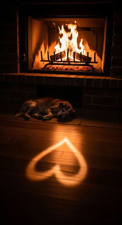 dog in front of a fireplace at home with a heart shape symbolの写真素材
