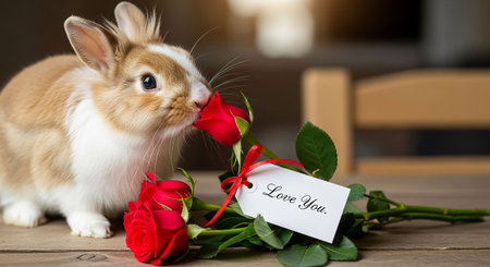 Rabbit with red roses and card with the inscription I love youの写真素材