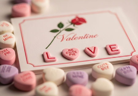 Valentine's day greeting card with heart shaped marshmallowsの写真素材