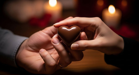 Valentine's day. Closeup of female hands holding heart shaped chocolateの写真素材