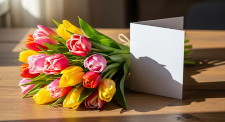 Bouquet of tulips on a wooden table with a blank cardの写真素材
