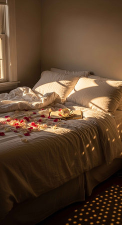 Bedroom interior with candles and rose petals in the morning lightの写真素材