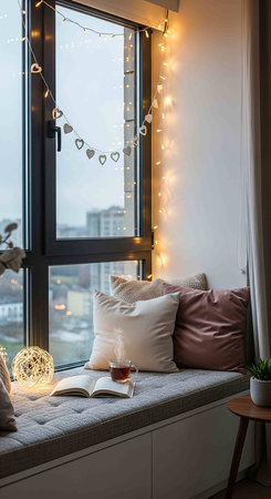 Cozy living room with a window overlooking the city and lights garlandsの写真素材