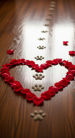 Valentine's day background with hearts and petals on wooden tableの写真素材