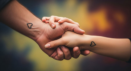 Close up of two hands holding each other over blurred background with copy spaceの写真素材