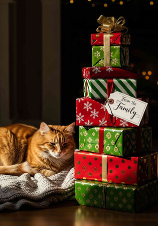 ginger cat and christmas gifts on the background of a Christmas treeの写真素材