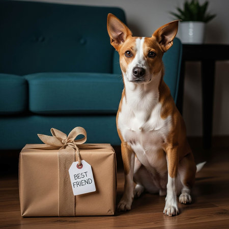 Dog with a gift and the inscription Best Friends. Dog and gift.の写真素材