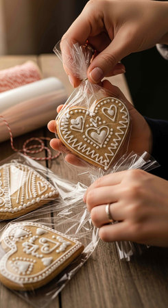 Woman decorating gingerbread cookies in shape of heart, closeupの写真素材