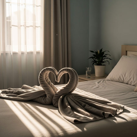 Wedding pillow in the shape of a heart on the bedの写真素材