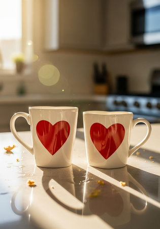 Two coffee cups with red hearts on the table in the kitchen.の写真素材