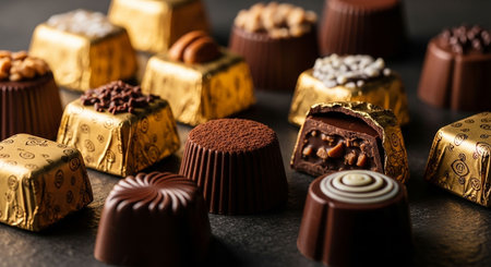 Assorted chocolates on dark background. Chocolate candies.の写真素材