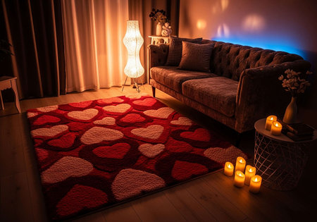 Valentine's day background with red hearts, candles and sofaの写真素材